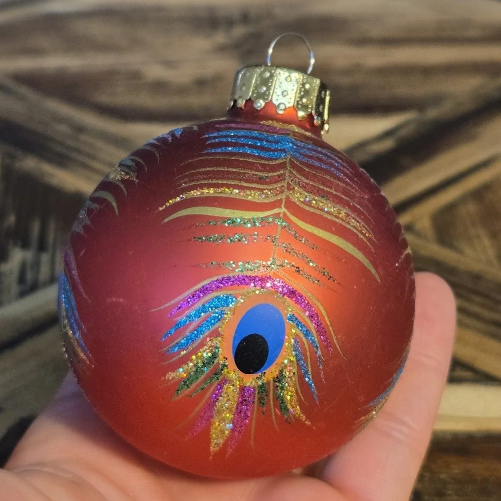 Peacock Feather Glass Ball Christmas Tree Ornament Red Glitter 3
